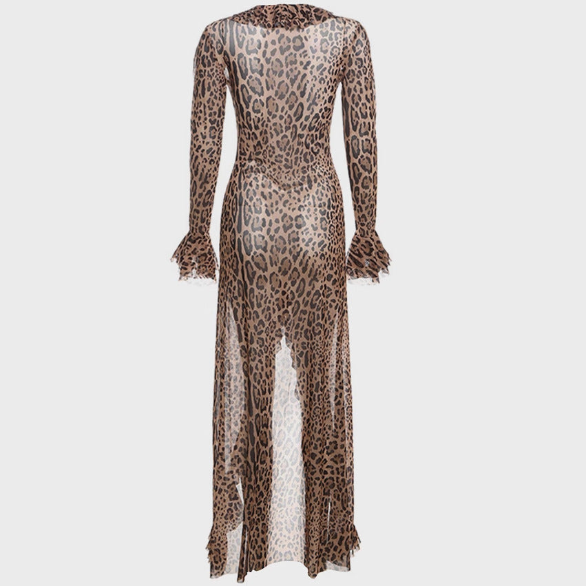 Lune London Leopard Print Maxi Dress for Women with Ruched Sleeves