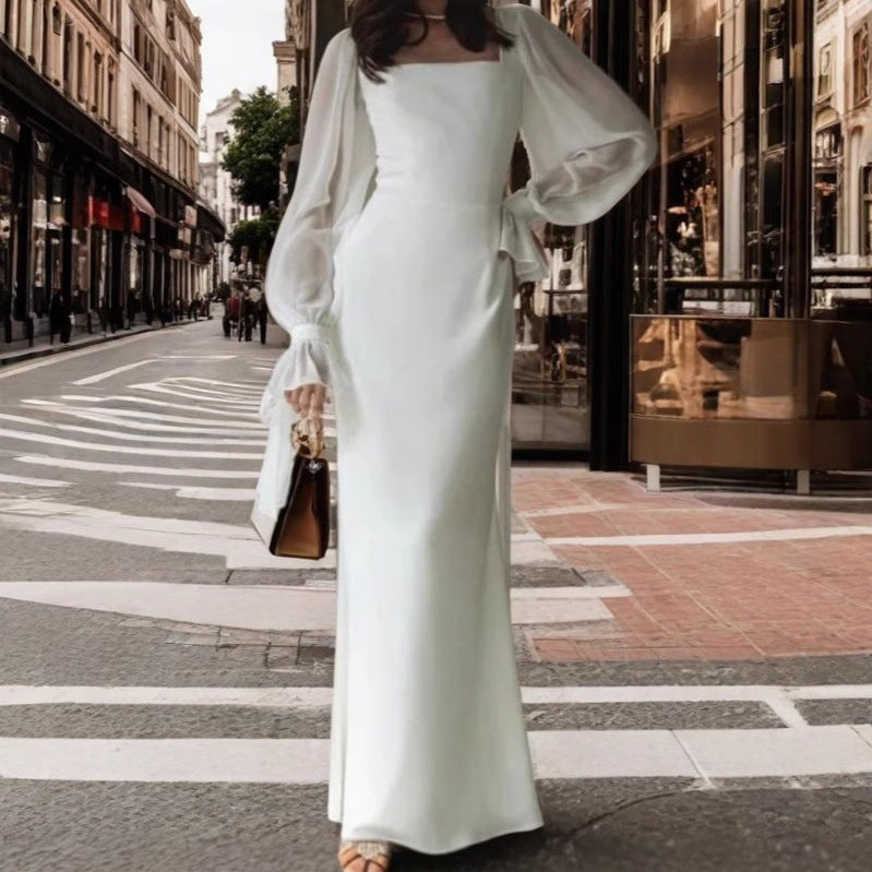 Ladies elegant maxi dress with puff sleeves and square neckline Lune London