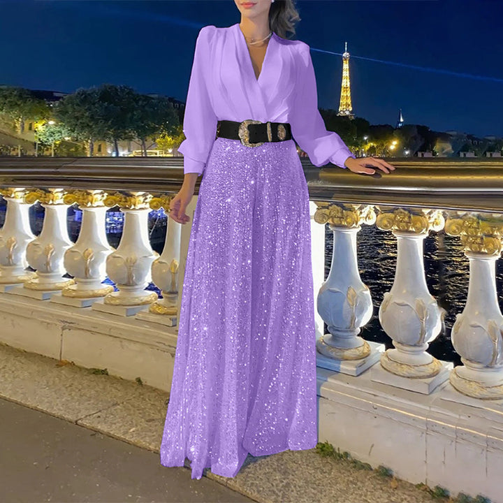 Glamorous evening dress for women with sparkling top and flared skirt Lune London