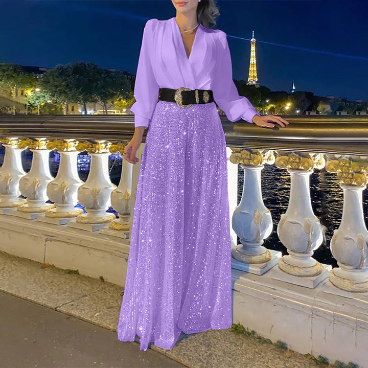 Women's Glamorous Evening Dress with Shimmering Top and Flared Skirt Lune London