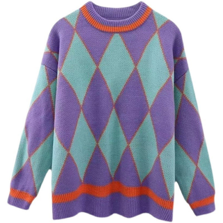 Pull-over tricoté surdimensionné pour femmes avec motif géométrique et contrastes de couleurs Chic & Stil