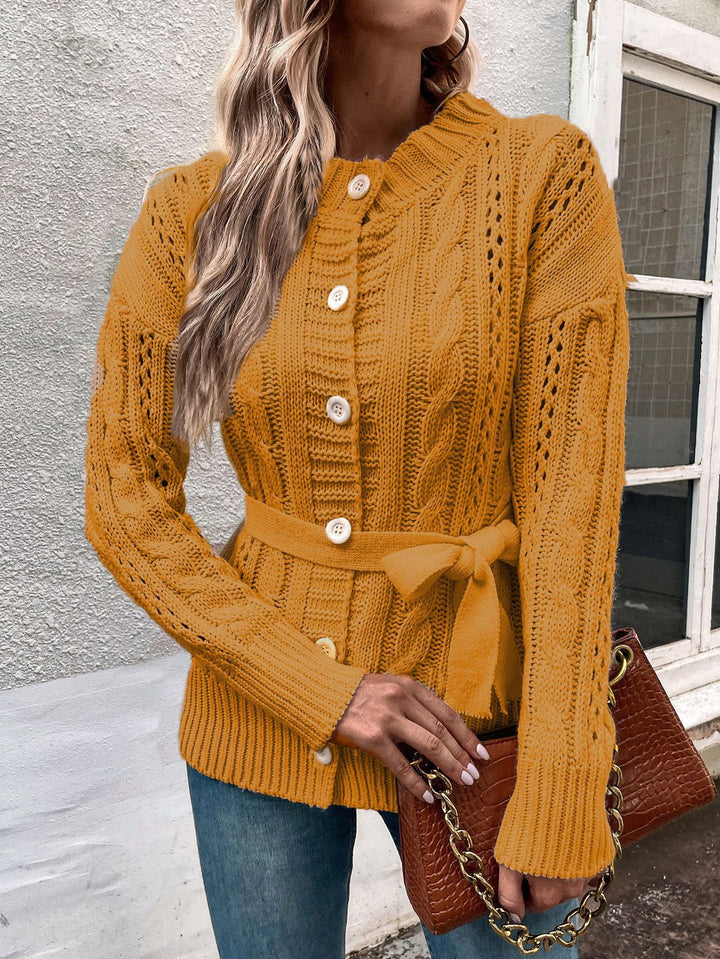 Ladies Chunky Knit Cardigan with Belt and Floral Braid Patterns Lune London