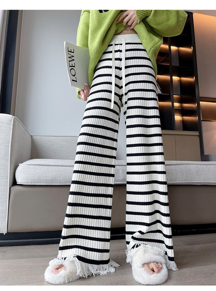 Ladies Elegant Striped Palazzo Pants in Ribbed Knit Lune London