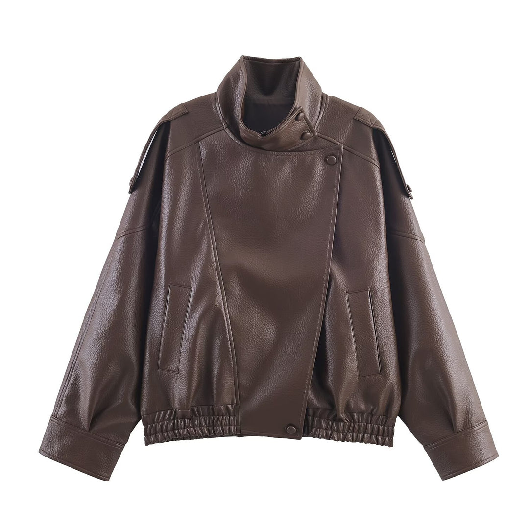 Synthetic leather jacket for women with a modern design featuring a high collar and practical pockets Lune London
