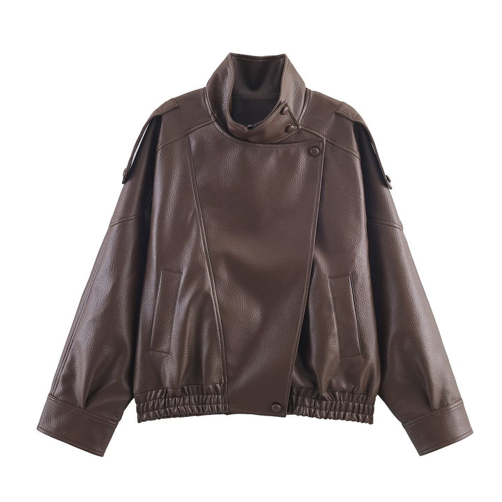 Synthetic leather jacket for women with a modern design featuring a high collar and practical pockets Lune London