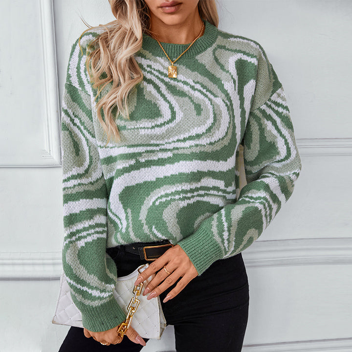 Knitted patterned sweater for women with a modern wave pattern and a round neck Lune London
