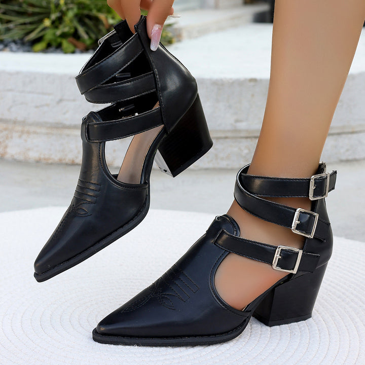 High-heeled ankle boots for women with unique straps and a decorated heel Lune London