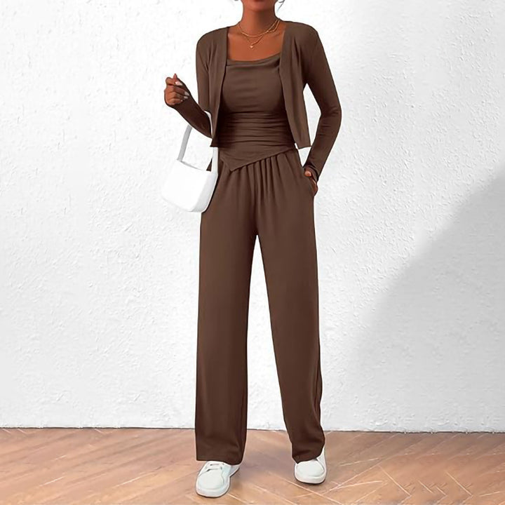 Women Comfortable Jumpsuit with Sleeveless Blouse and Open Cardigan Lune London