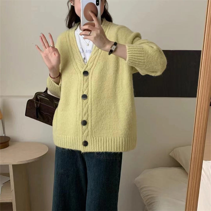 Ladies Comfortable Knit Sweater with an Elegant V Neck and Chic Button Details