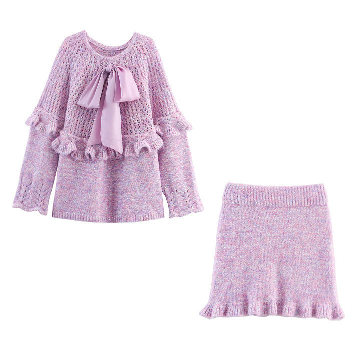 Elegant ladies knitted outfit with ruffles and bow accents Lune London