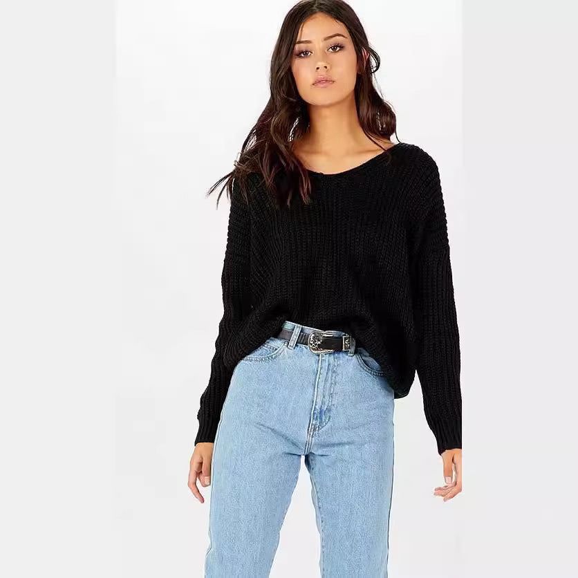 Casual knitted pullover for women with decorative cutout at the back and drawstring Lune London