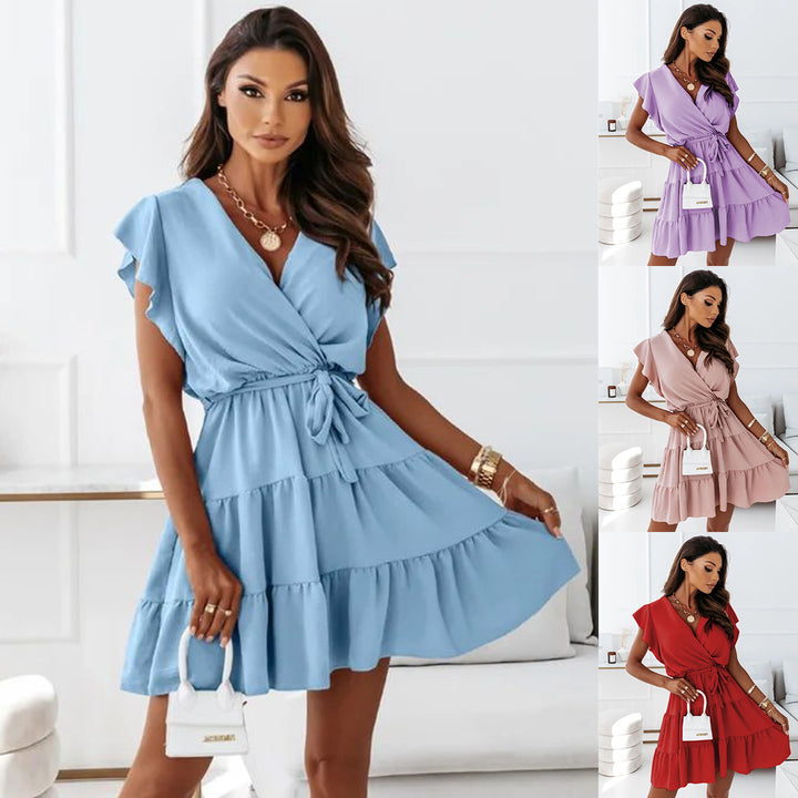 Chic and elegant wrap dress with flowing ruffled blouse