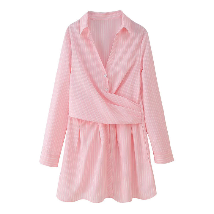 Shirt dress for women with wrapped detail and fine stripe pattern Lune London