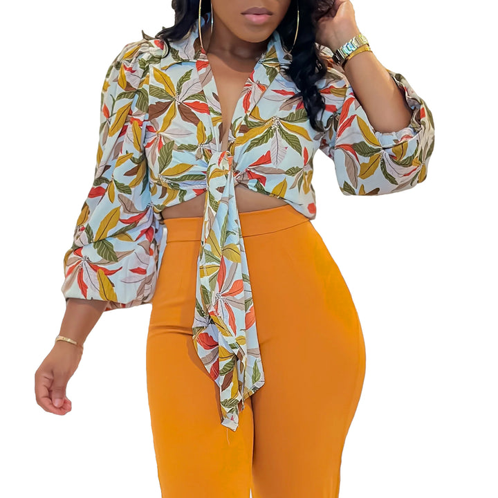 Ladies Trendy Cropped Blouse with floral design and bow detail Lune London