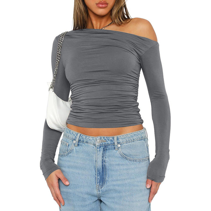 Fitted long sleeve t-shirt for women with asymmetric neckline and ruching Lune London