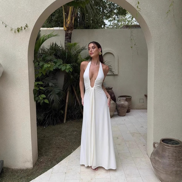 Maxi dress for women with deep V-neck and elegant design with ruffles Lune London