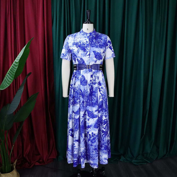 Maxi dress for women with botanical print and fitted belt Lune London