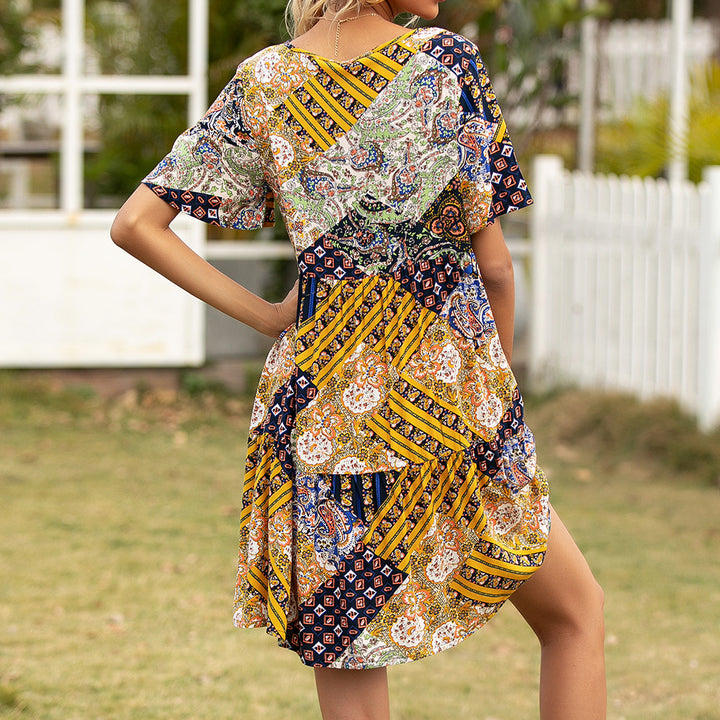 Lune London patchwork dress for women with elastic waist drawstring and round neck