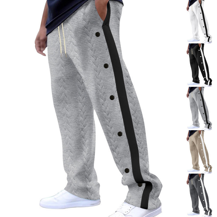 Casual cargo pants for men with side snap buttons and modern textile textures Lune London