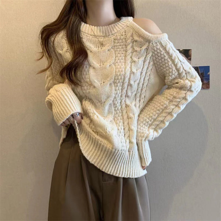 Pull en tricot épais pour femmes avec design d'épaule asymétrique et motif en cable Chic & Stil