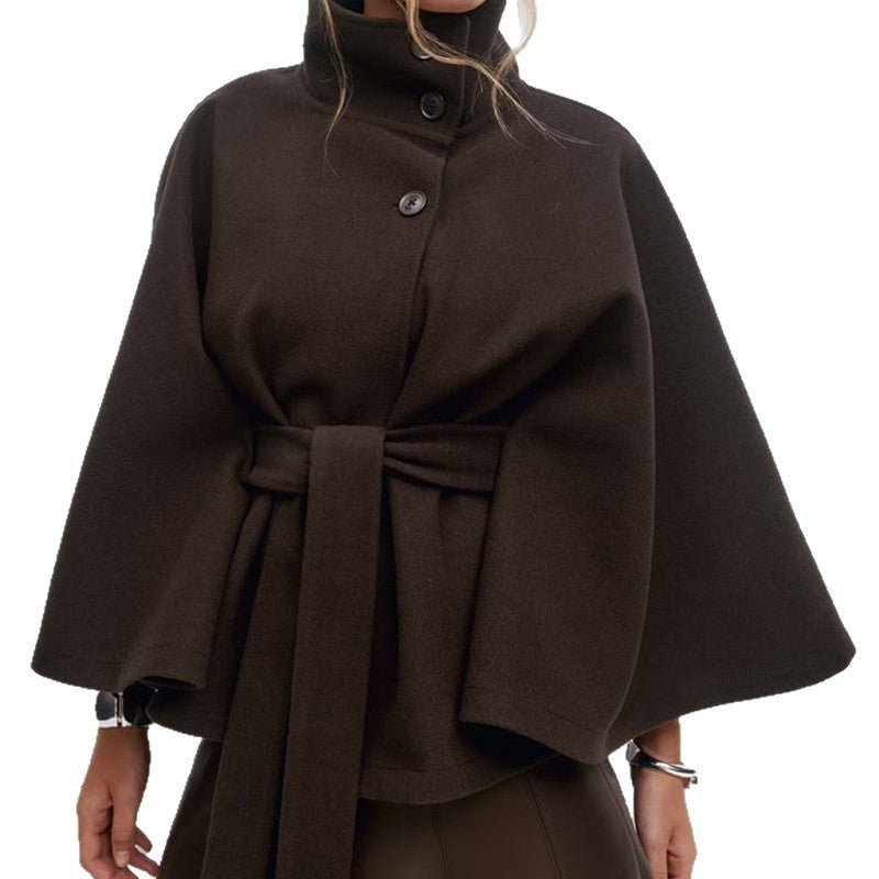 Ladies modern Cape-jacket with removable belt and high collar Lune London