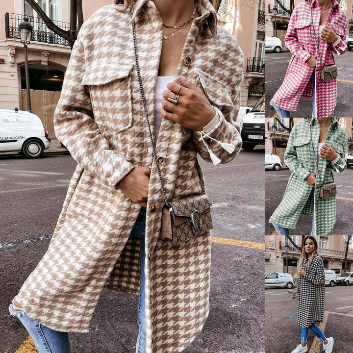 Women Oversized Houndstooth Print Shirt Jacket Lune London