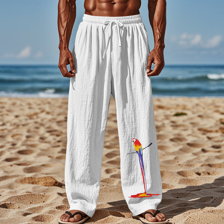 Light beach pants for men with colorful parrot design Lune London