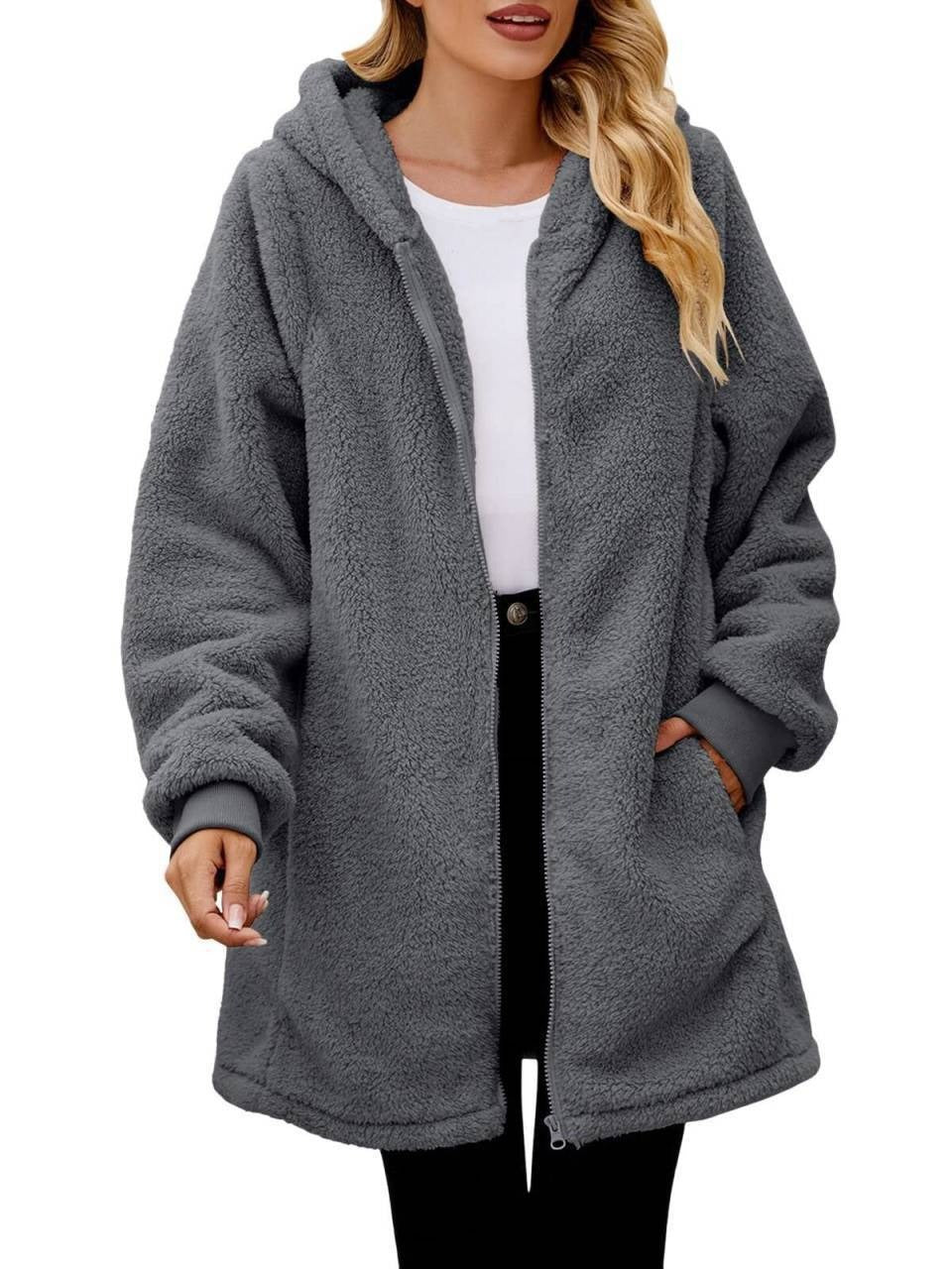 Comfortable fleece hooded coat for women with large pockets and zip Lune London