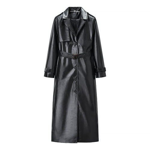 Elegant faux leather trench coat for women with tie belt Lune London