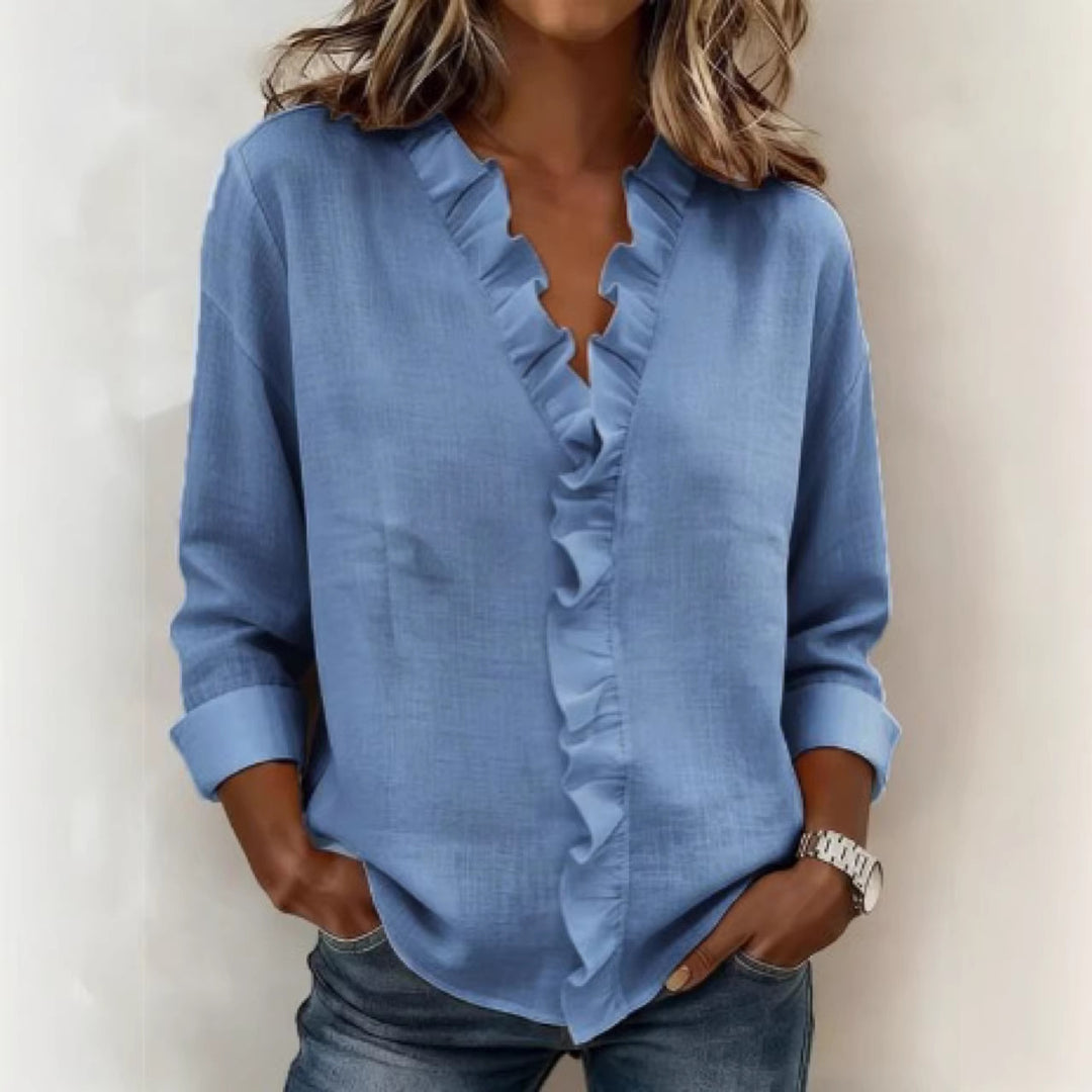 Women's romantic blouse with ruffle details and V-neck Lune London