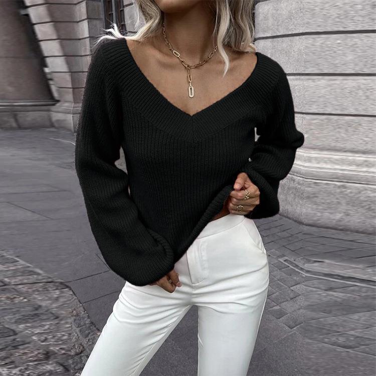 Knit sweater for women with deep V-neck and wide sleeves Lune London