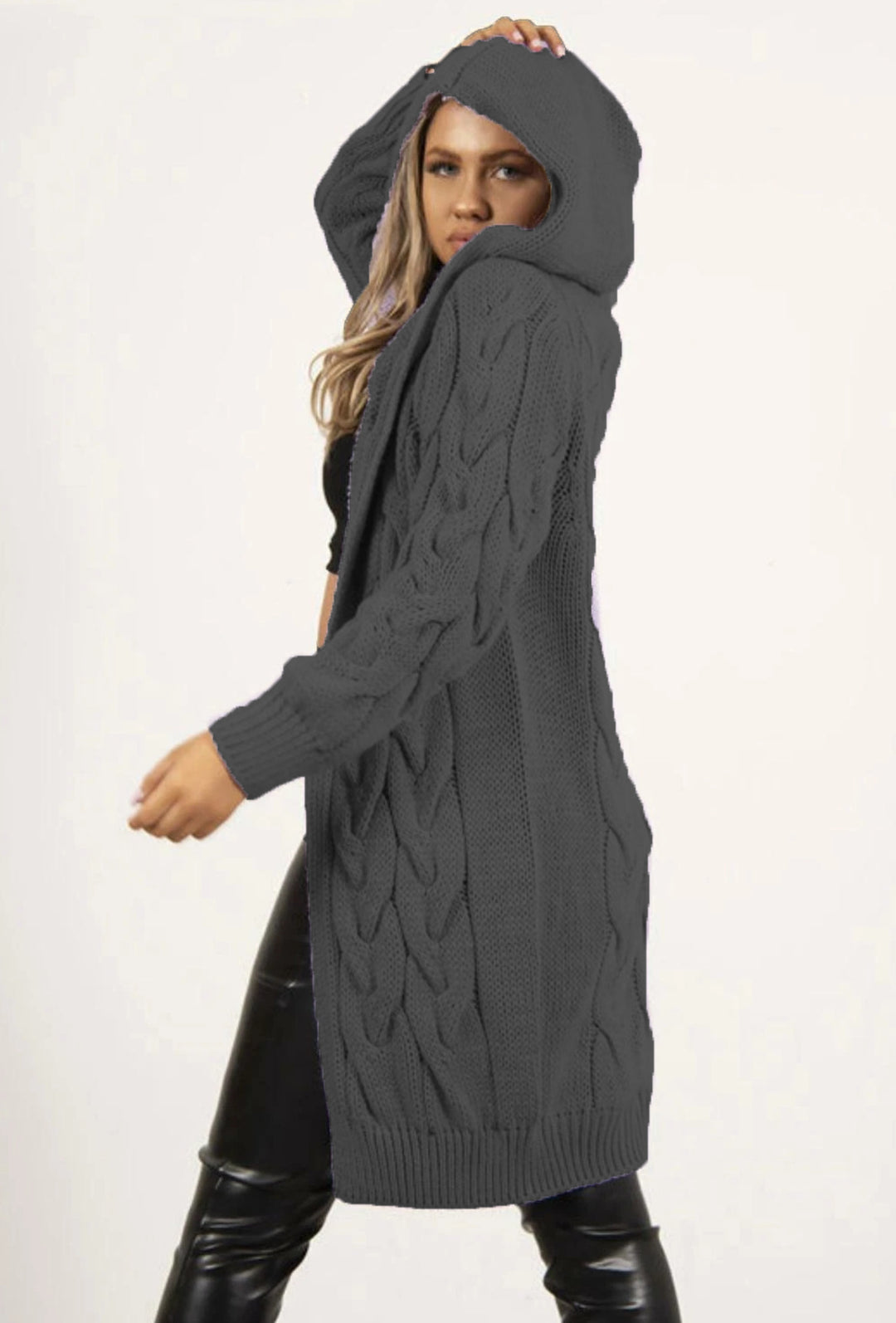 Ladies Chunky Knit Cardigan with Hood and Practical Pockets Lune London