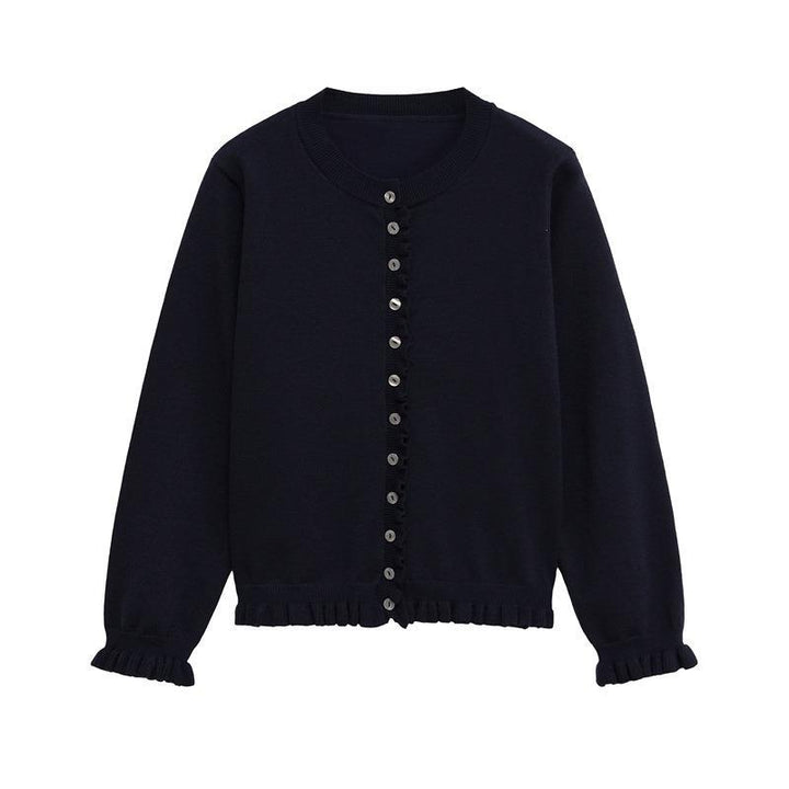 Women's knit jacket with a playful ruffled hem and chic button details Lune London