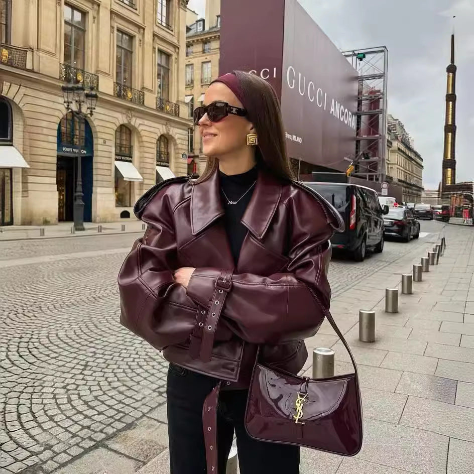 Faux leather jacket for women, tailored, with waterproof finish and asymmetrical collar Lune London