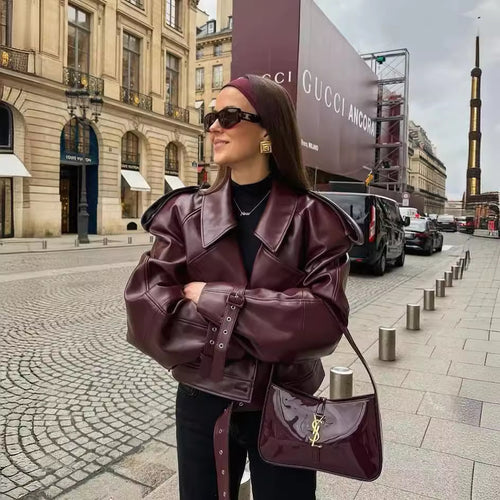 Faux leather jacket for women, tailored, with waterproof finish and asymmetrical collar Lune London