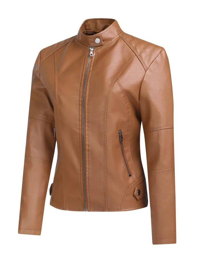 Biker leather jacket for women with asymmetric zipper and modern stand collar Lune London