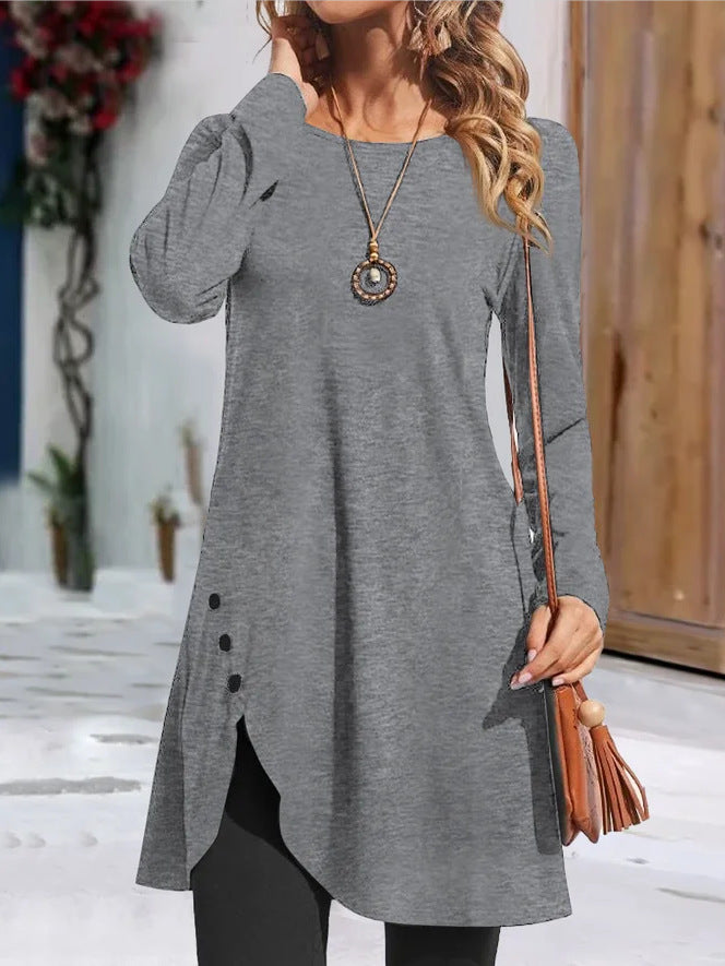Ladies long tunic with long sleeves in fashion with playful button details Lune London