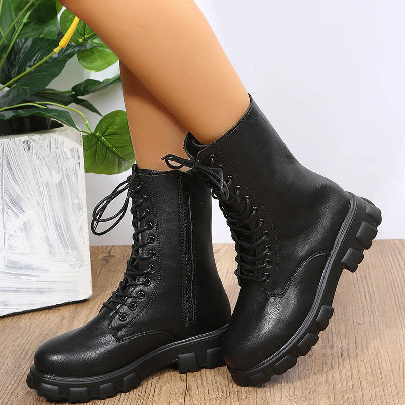Women's Lace-Up Boots with Sturdy Platform and Side Zipper Lune London