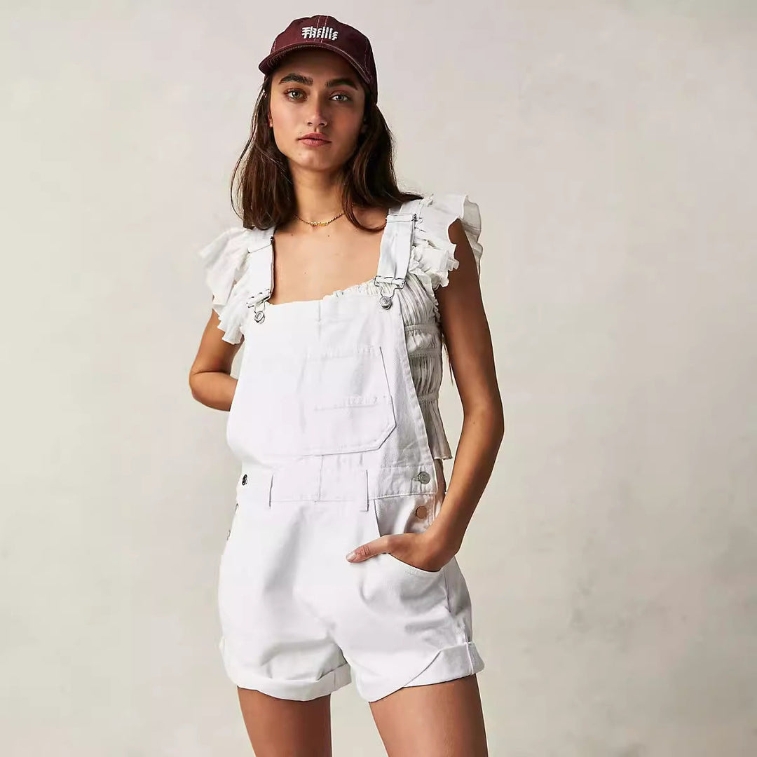 Women's Casual Denim Overalls Shorts with Functional Pockets and Adjustable Straps Lune London