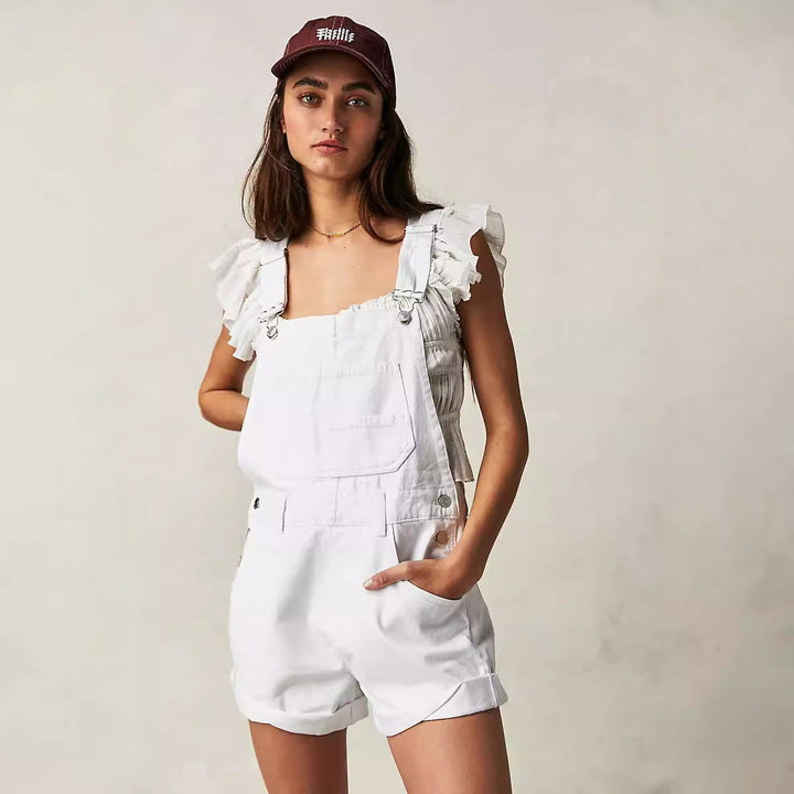 Women's Casual Denim Overalls Shorts with Functional Pockets and Adjustable Straps Lune London