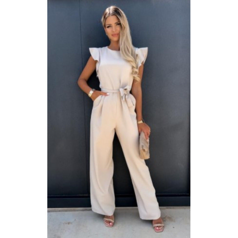 Women Fluid Wide Leg Jumpsuit with Ruffled Sleeves Lune London