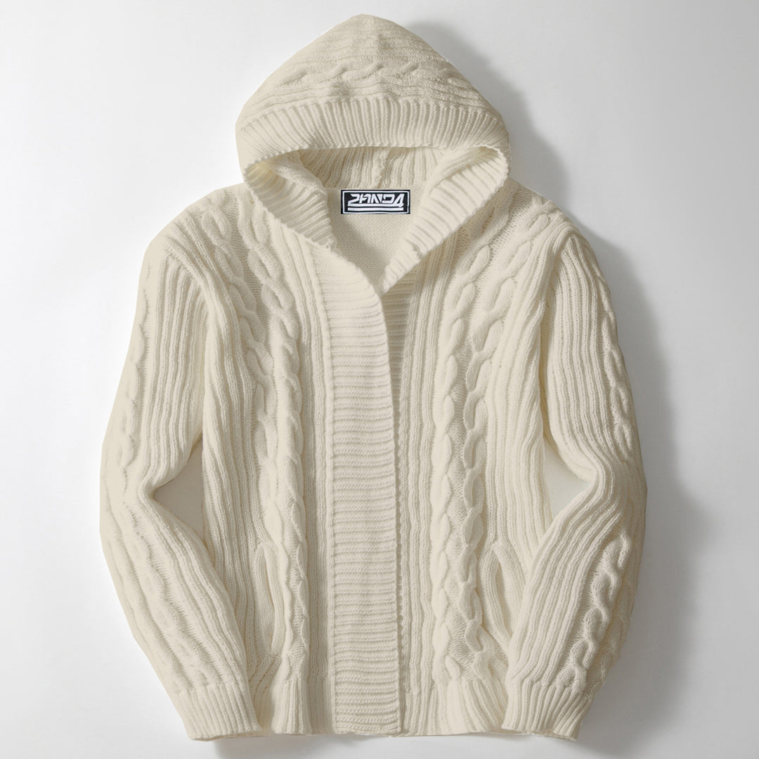 Thick knit jacket for men with wide collar and cable pattern Lune London