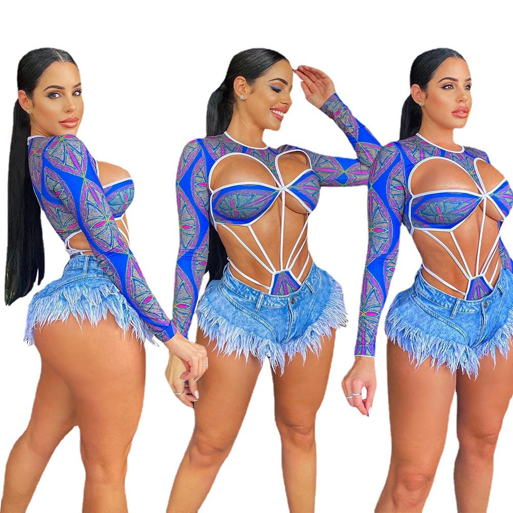 Lune London Cut-out Bodysuit Set for Women and Fringe Shorts
