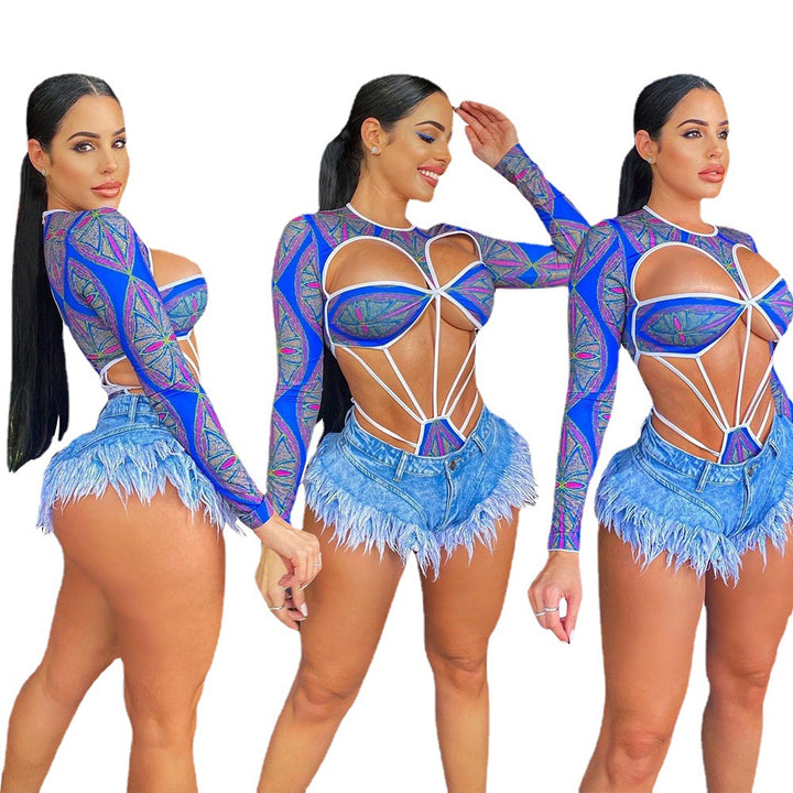Lune London Cut-out Bodysuit Set for Women and Fringe Shorts