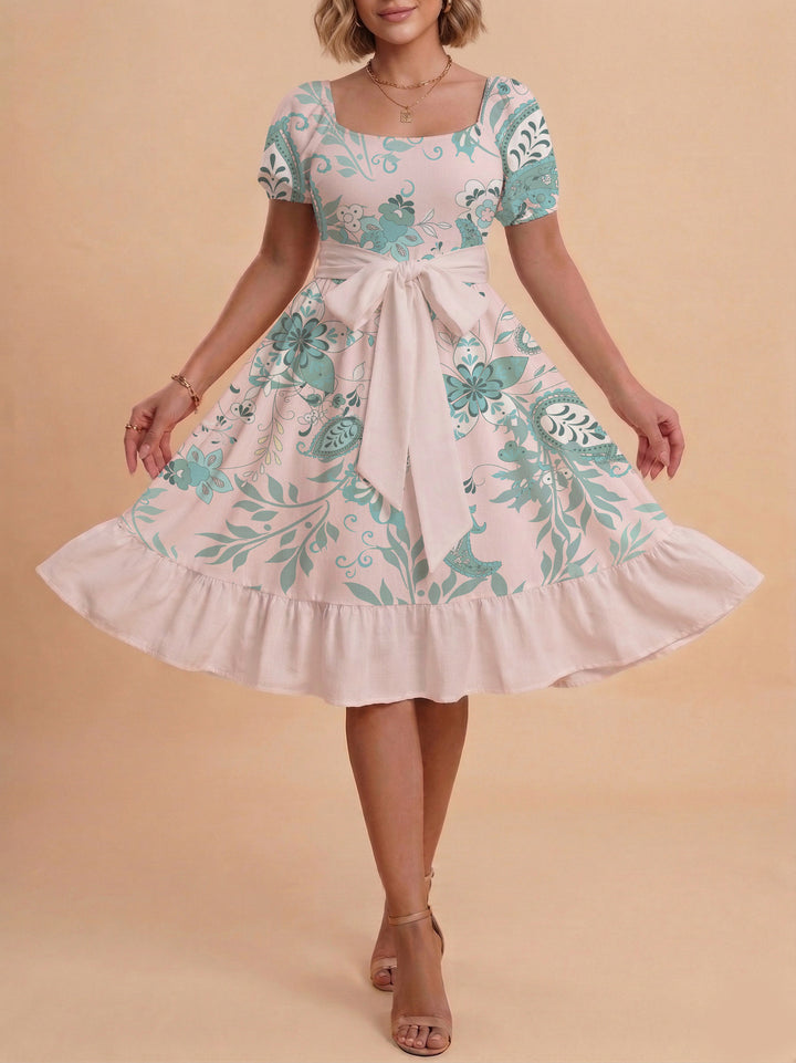 Women A-line dress with floral motifs and adjustable belt Lune London