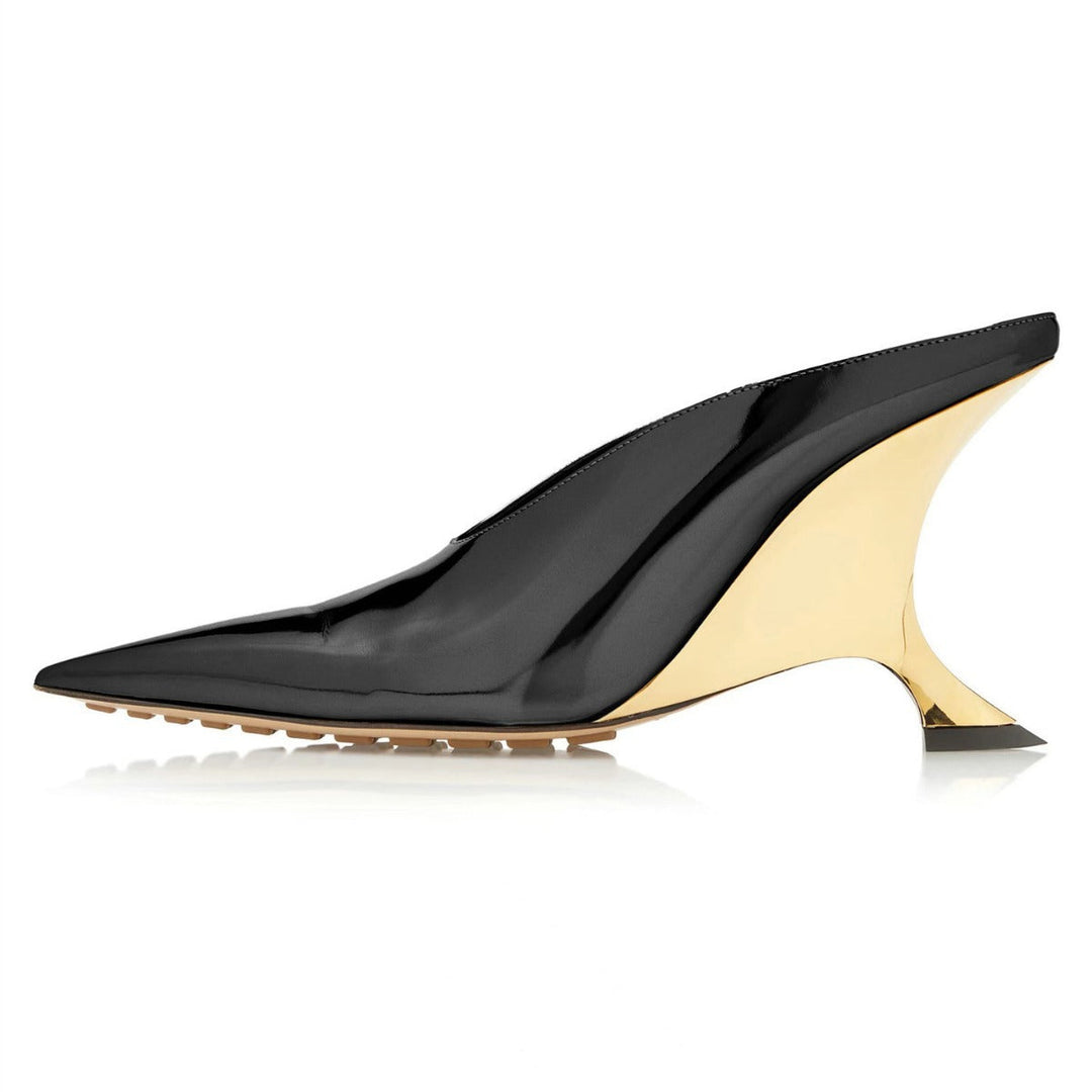 Women’s Pointed Metallic Wedge Mules with Sculpted Heel Lune London
