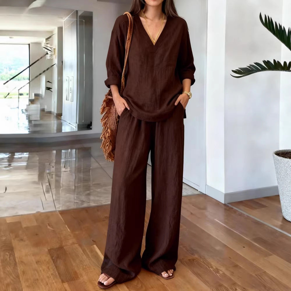 Women's Lightweight Summer Pants with Loose Fit and V-Neck Shirt Lune London
