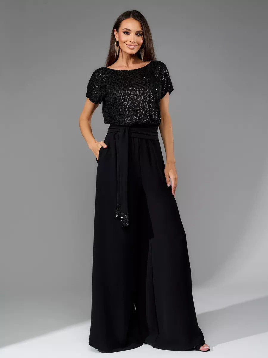 Women's Glittering Jumpsuit with Wide Leg and Waist Belt Lune London