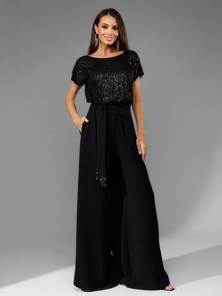 Women's Glittering Jumpsuit with Wide Leg and Waist Belt Lune London