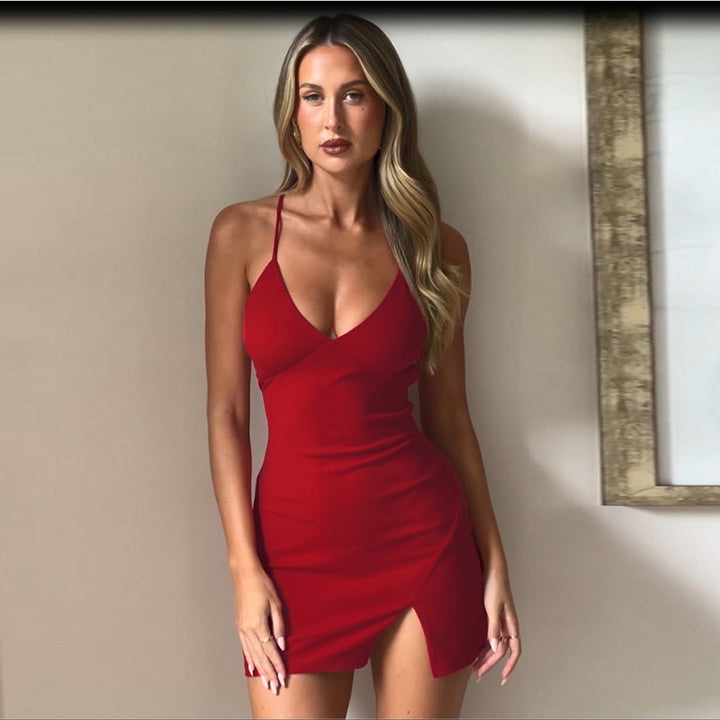 Stylish mini dress with spaghetti straps for ladies with side slit Lune London